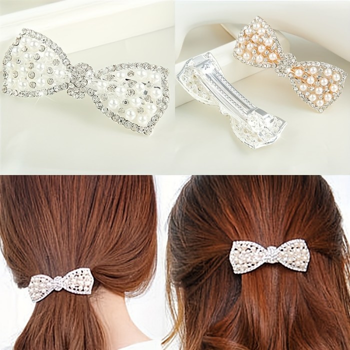 Fashion Women Bow Hair Clip Elegant Sparkling Rhinestone Faux Pearl Decorative Hairpin Barrette Hair Accessories