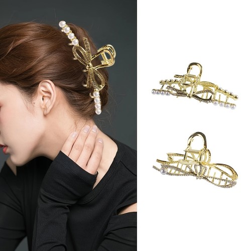 2pcs Elegant Butterfly Bow Hair Claw Clip For Women, With Faux Pearls And Rhinestones, Durable Alloy Fashion Hair Clips, Stylish Sweet Hair Accessories
