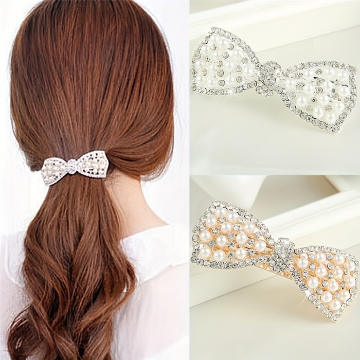 Fashion Women Bow Hair Clip Elegant Sparkling Rhinestone Faux Pearl Decorative Hairpin Barrette Hair Accessories