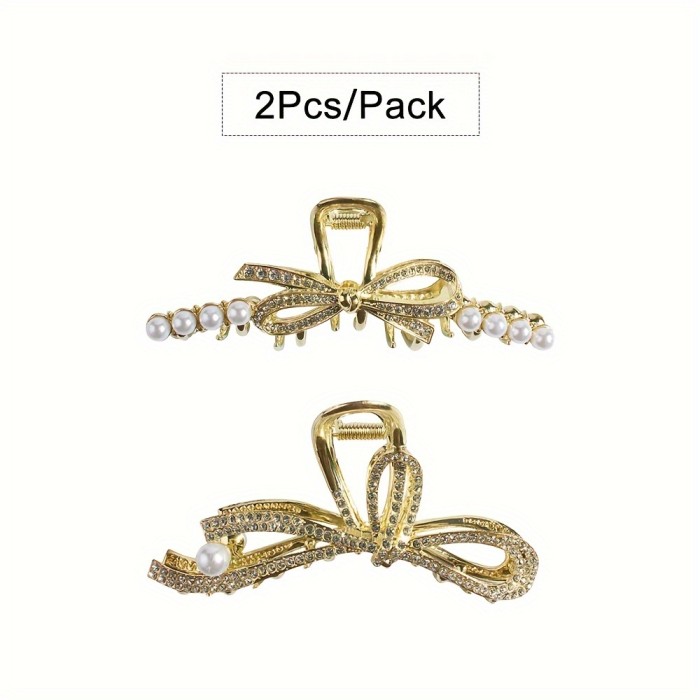 2pcs Elegant Butterfly Bow Hair Claw Clip For Women, With Faux Pearls And Rhinestones, Durable Alloy Fashion Hair Clips, Stylish Sweet Hair Accessories