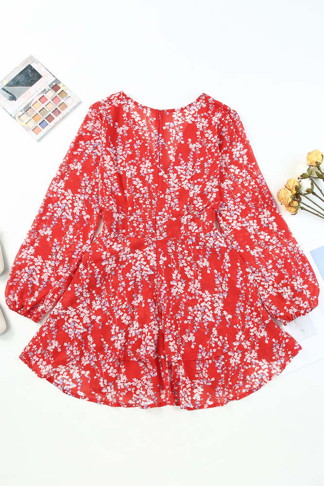 Printed Surplice Balloon Sleeve Layered Dress