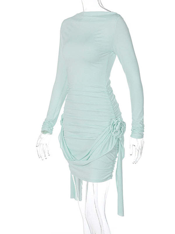 New solid color long-sleeved round neck slim fit patchwork ribbon flower versatile dress