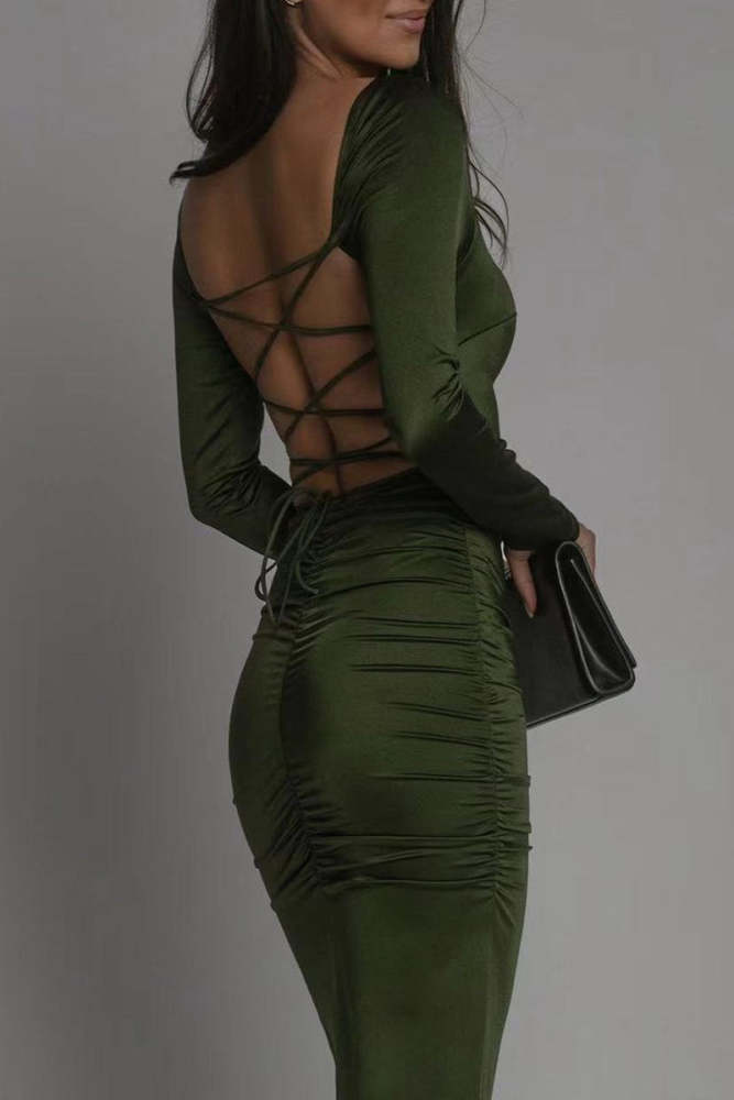 Sexy Solid Backless Slit Square Collar Wrapped Skirt Dresses