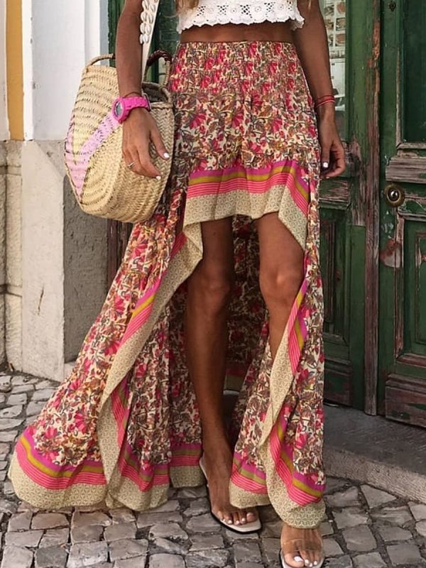 V Neck Red Beach Floral-Print Boho Skirts