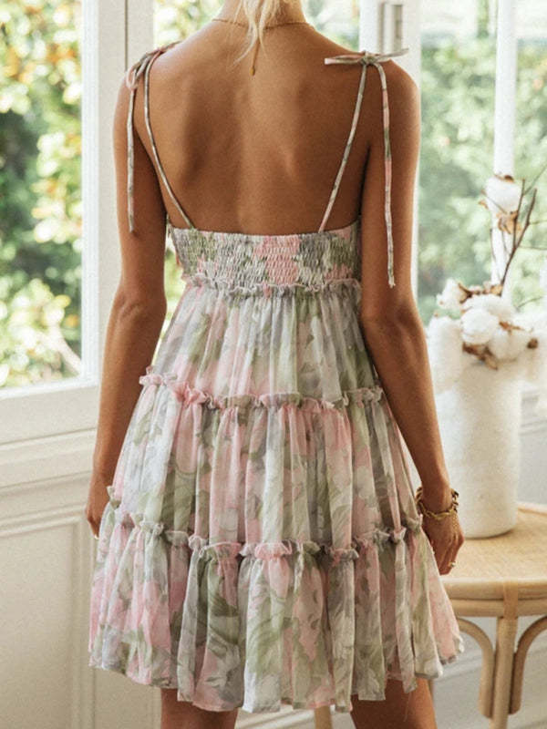 New resort style sexy printed suspender dress