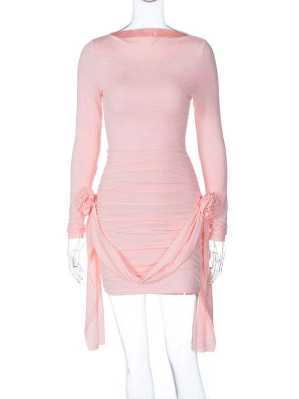 New solid color long-sleeved round neck slim fit patchwork ribbon flower versatile dress
