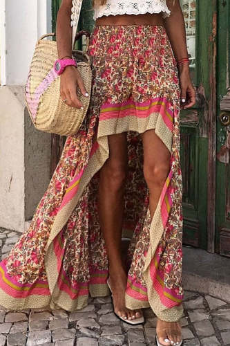 V Neck Red Beach Floral-Print Boho Skirts