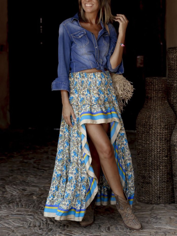 V Neck Red Beach Floral-Print Boho Skirts