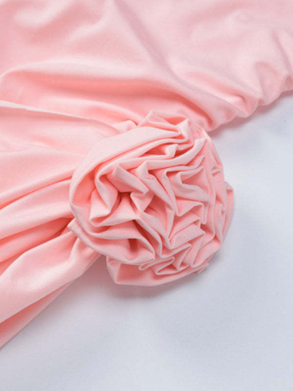 New solid color long-sleeved round neck slim fit patchwork ribbon flower versatile dress