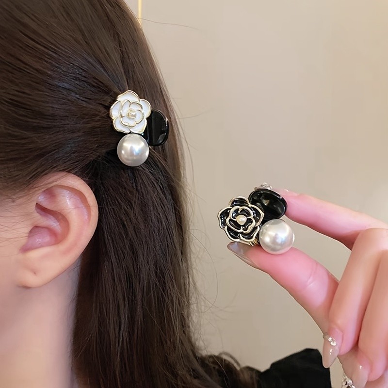 Vintage Camellia Flower Faux Pearl Decorative Hair Grab Clip Elegant Hair Side Clip For Women And Daily Use Wear
