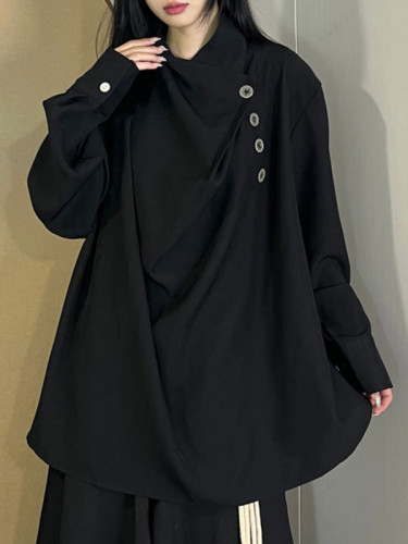 Asymmetric Pleated Split-Joint Long Sleeves Loose High Neck Blouses&shirts Tops