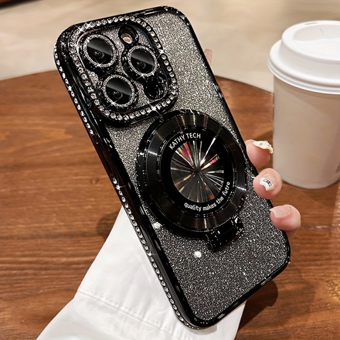 New Magnetic Stand for iPhone 11 12 13 14 15 Pro Max Case, Built-in Camera Lens Protector Glitter  Card & Soft TPU Diamonds Protection Cover Accessories