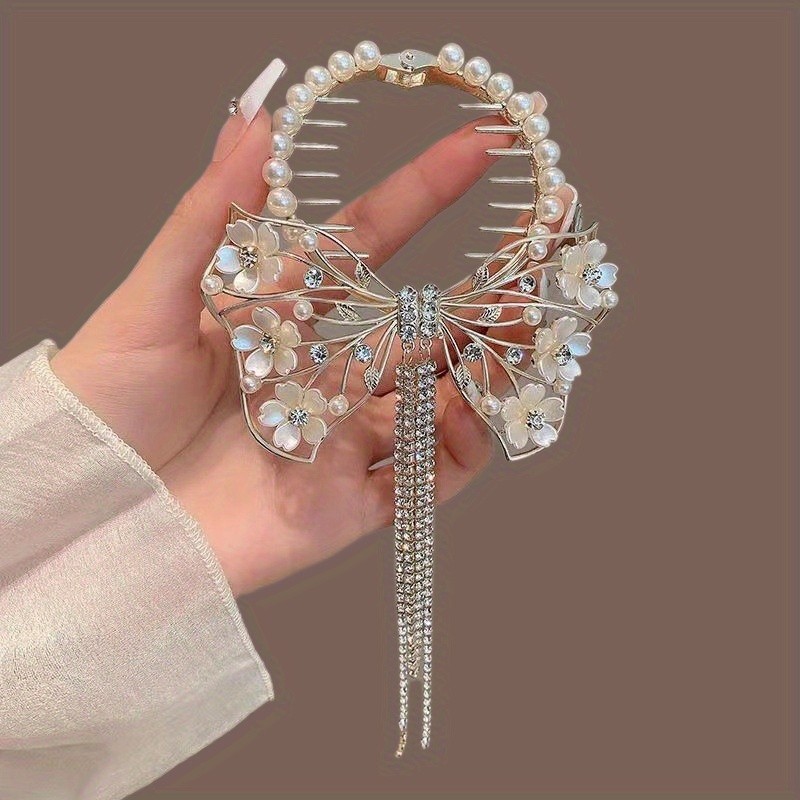 Elegant Alloy Hair Claws Set for Women, Sweet Floral Hairpin with Pearl Accents and Tassel, Beaded Swan Design Hair Clips, Middle Dimensional Fashion Accessory, 14+ Age Group - 2PCS Pearl Flower and Swan Tassel Hairpins