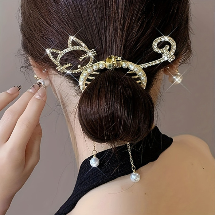 Elegant Alloy Hair Clip with Rhinestone Cat, Tassel Pearl Dangle, Cute Round Shape - Fashion Hairpin Accessory for Women and Girls, Single Piece, Color-Matched Decoration