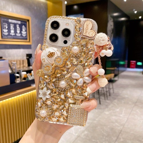 DIYBling Case, Girls Women 3D Luxury Sparkle Glitter Diamond Crystal Rhinestone Pumpkin Car Charm Pendant Protective Case Cover for iPhone 15 Pro Max 6.7 inch (Champagne)