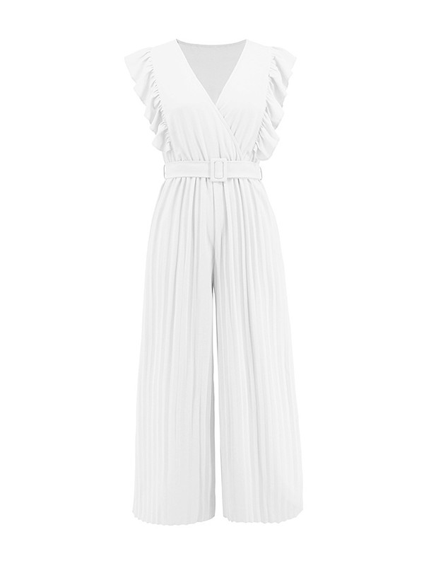Belted Pleated Ruffled Solid Color High Waisted Loose V-Neck Jumpsuits