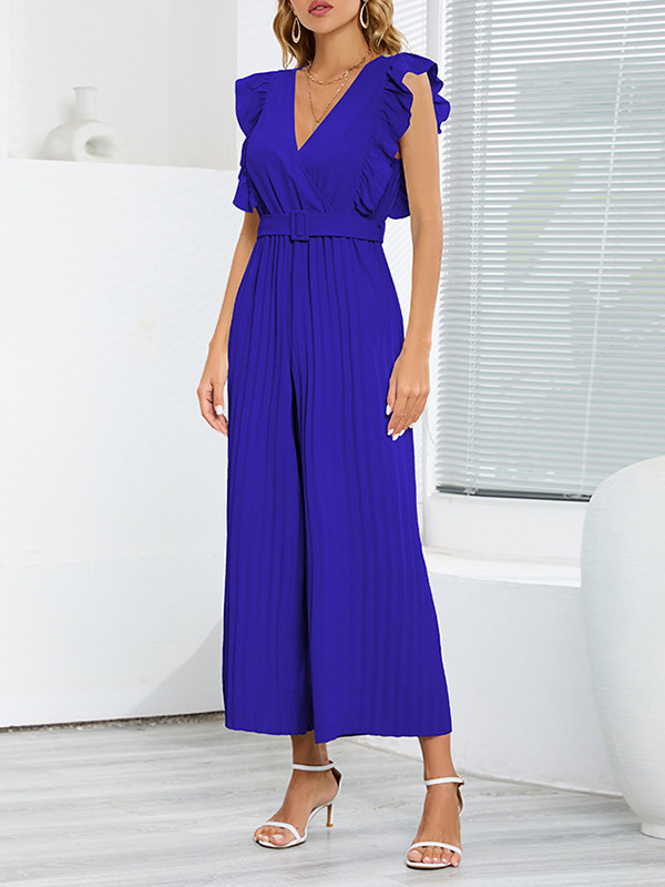 Belted Pleated Ruffled Solid Color High Waisted Loose V-Neck Jumpsuits
