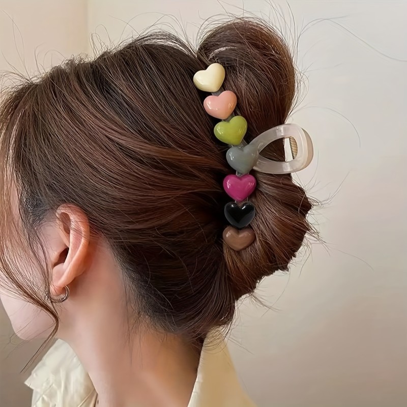 1pc Lovely Love Heart Pattern Decorative Hair Claw Clip Large Hair Grab Clip Colorful Hair Accessories For Women And daily uses Valentine's Day Wear