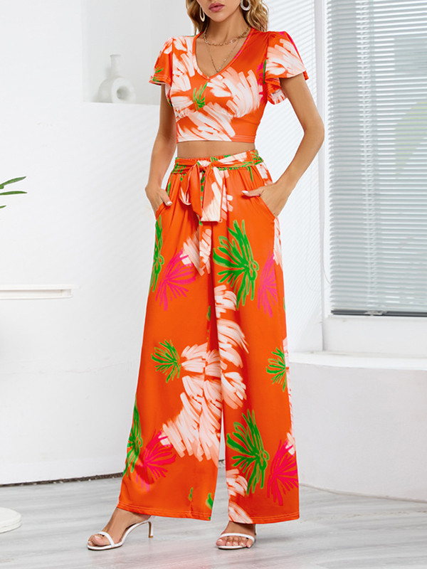 Loose Short Sleeves Printed V-Neck T-shirt Top + Elasticity Pockets Tied Waist Pants Bottom Two Pieces Set