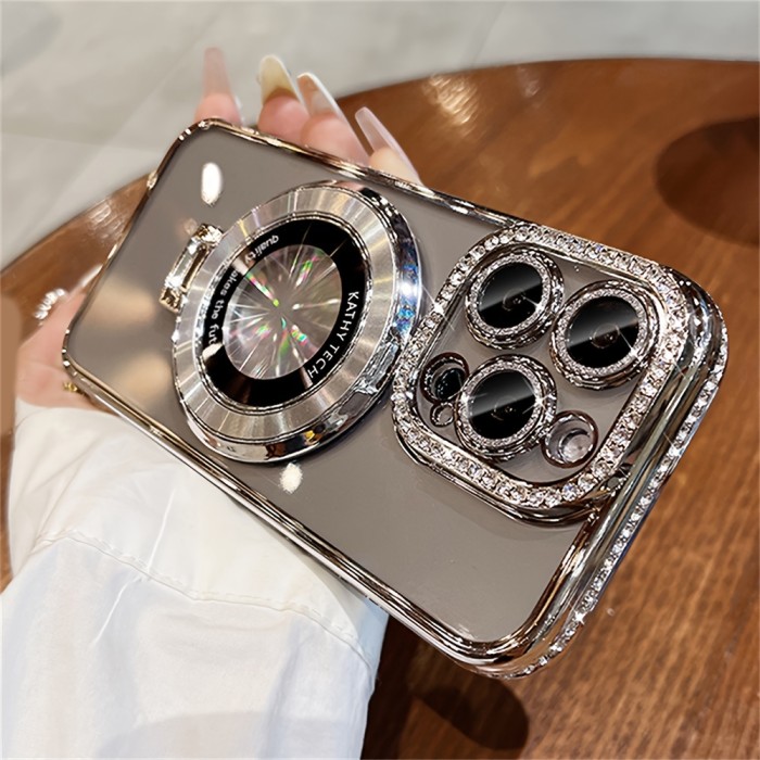 Luxury Rhinestone Glitter Bracket Magnetic TPU Phone Case, For IPhone 15 14 13 12 Pro Max 14 15 Plus 11, Transparent Shockproof Bumper Cover