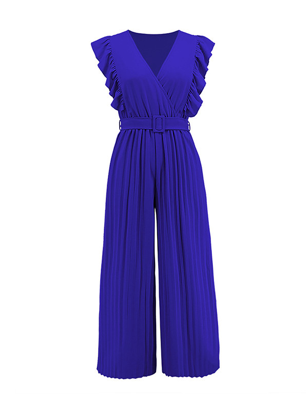 Belted Pleated Ruffled Solid Color High Waisted Loose V-Neck Jumpsuits