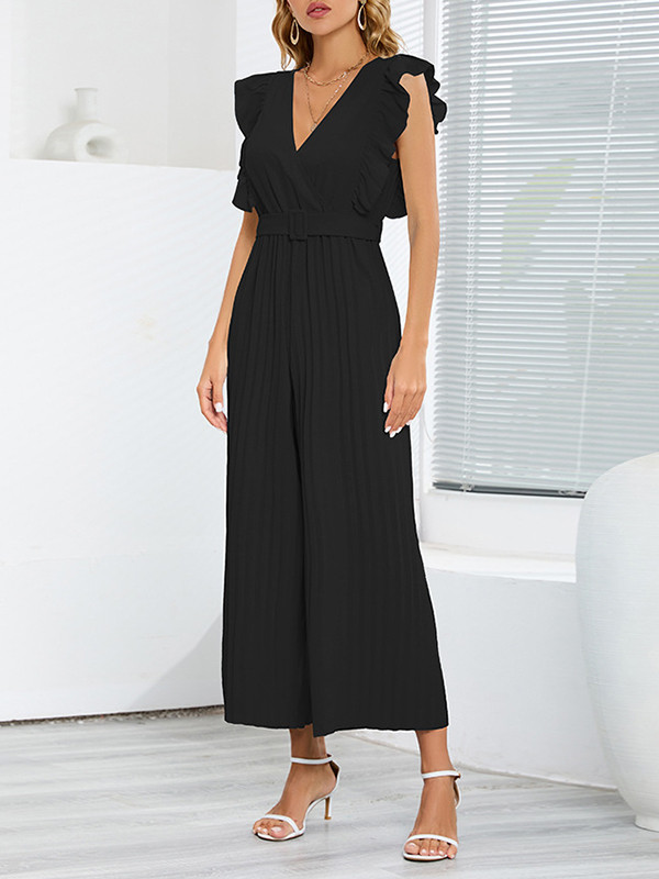 Belted Pleated Ruffled Solid Color High Waisted Loose V-Neck Jumpsuits