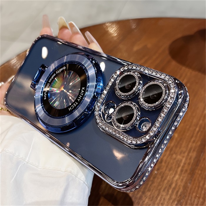 Luxury Rhinestone Glitter Bracket Magnetic TPU Phone Case, For IPhone 15 14 13 12 Pro Max 14 15 Plus 11, Transparent Shockproof Bumper Cover