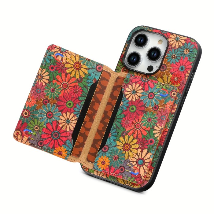 Wallet Case For iPhone 15 14 13 12 Pro Max Plus With Glue Card Holder, Fashion Design Flower Pattern, Wooden material, Foldable Wallet, With 3 Card Slots Can insert 3-5 Cards, Shockproof Cover