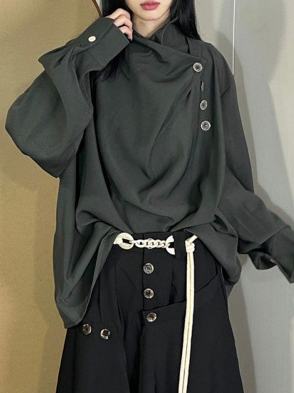 Asymmetric Pleated Split-Joint Long Sleeves Loose High Neck Blouses&shirts Tops