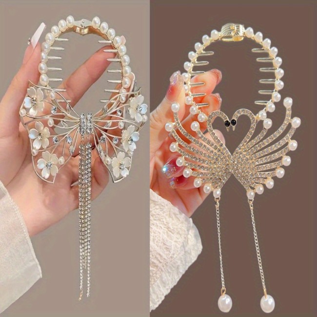 Elegant Alloy Hair Claws Set for Women, Sweet Floral Hairpin with Pearl Accents and Tassel, Beaded Swan Design Hair Clips, Middle Dimensional Fashion Accessory, 14+ Age Group - 2PCS Pearl Flower and Swan Tassel Hairpins