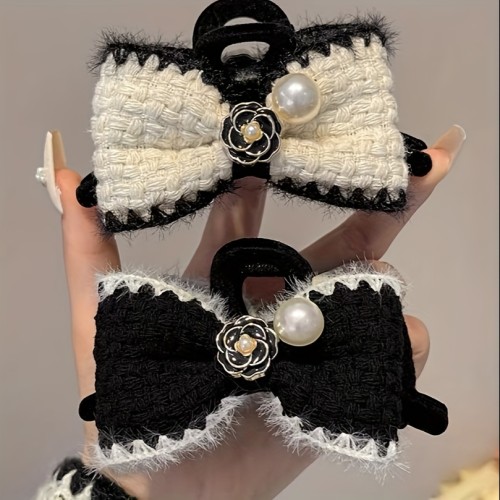 2pcs\u002Fset Faux Pearl Bowknot Decorative Hair Claw Clip Flower Hair Grab Clips Ponytail Holder For Women And daily uses