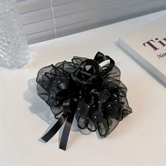 1pc Mesh Bow Hair Claw Clips Fluffy Mesh Hair Grab Clip Sparkling Rhinestones Decor Large Bow Hair Clip, Vintage And Elegant Hair Accessories For Women