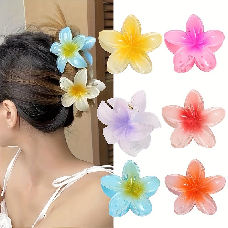 Flower Hair Claw Clips Set of 6, Elegant Y2K Style Plastic Hair Claws, Multi-Color Solid Floral Hair Accessories for Women and Girls, Non-Slip Strong Grip Hair Clips for Thick and Thin Hair - Stylish Beach Vacation Hairpiece (Assorted Colors)