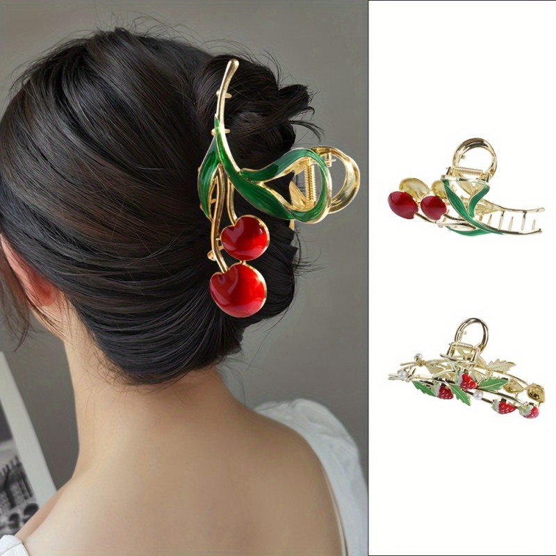 2pcs\u002Fset New Design Lady's Cute Sweet Cherry Strawberry Alloy Hair Clip Back Of The Head Hair Accessories