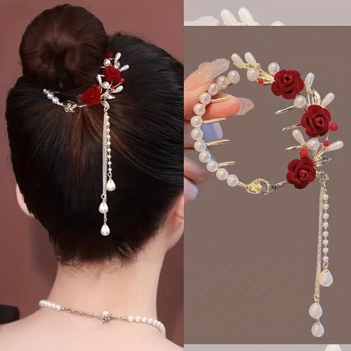 1PC Elegant Rose Ponytail Clip Decorated With Faux Pearl And Tassel Women Hair Accessories