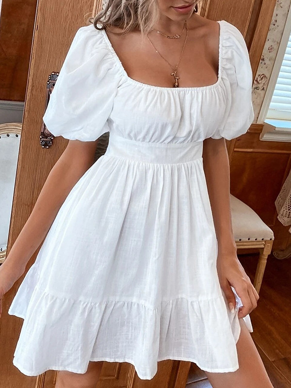 Backless Bowknot Elasticity Pleated Solid Color Split-Joint High Waisted Loose Square-neck Mini Dresses