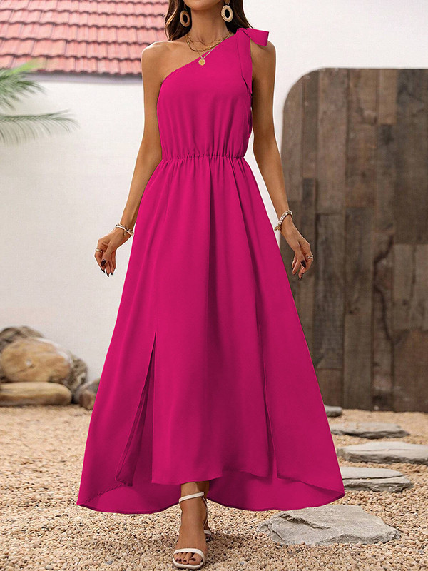 Asymmetric Elasticity Pleated Solid Color Split-side Tied A-line High Waisted One-shoulder Maxi Dresses