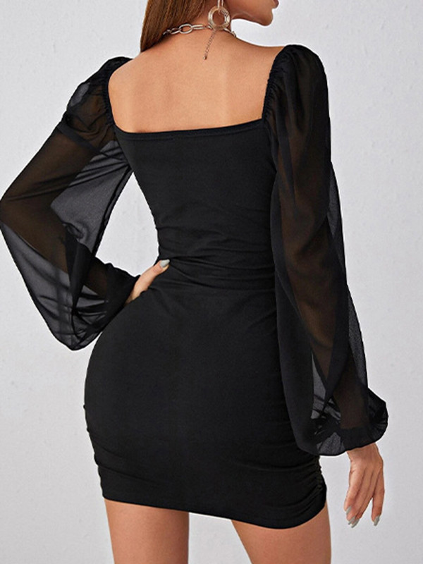 Lapel Pleated See Through Mini Dress main image 0
