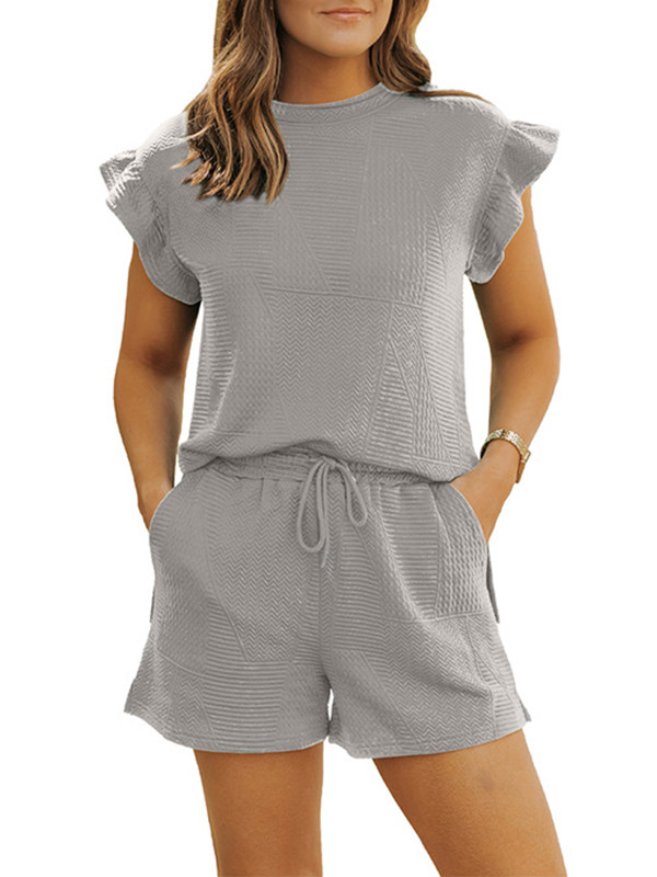 Round-neck Drawstring Pockets Solid Color Split-Joint Split-Side Loose Ruffle Sleeves Two Pieces Set