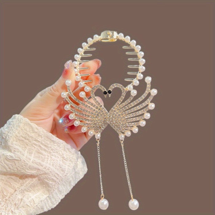 Elegant Alloy Hair Claws Set for Women, Sweet Floral Hairpin with Pearl Accents and Tassel, Beaded Swan Design Hair Clips, Middle Dimensional Fashion Accessory, 14+ Age Group - 2PCS Pearl Flower and Swan Tassel Hairpins