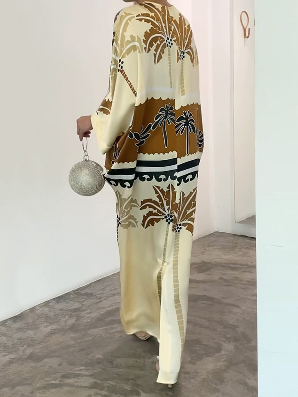 Leaves Print H-line Loose Round-neck Maxi Dresses