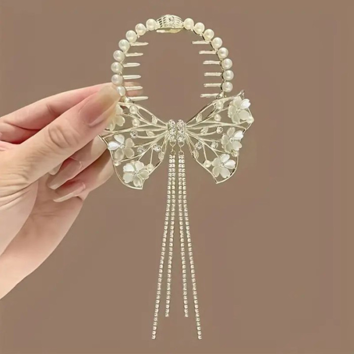 Elegant Alloy Hair Claws Set for Women, Sweet Floral Hairpin with Pearl Accents and Tassel, Beaded Swan Design Hair Clips, Middle Dimensional Fashion Accessory, 14+ Age Group - 2PCS Pearl Flower and Swan Tassel Hairpins
