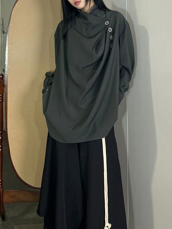 Asymmetric Pleated Split-Joint Long Sleeves Loose High Neck Blouses&shirts Tops