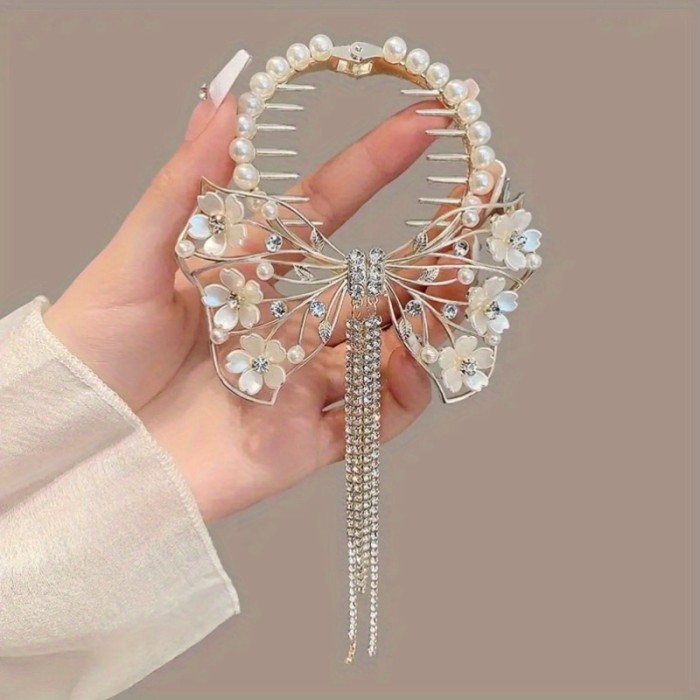 Elegant Alloy Hair Claws Set for Women, Sweet Floral Hairpin with Pearl Accents and Tassel, Beaded Swan Design Hair Clips, Middle Dimensional Fashion Accessory, 14+ Age Group - 2PCS Pearl Flower and Swan Tassel Hairpins