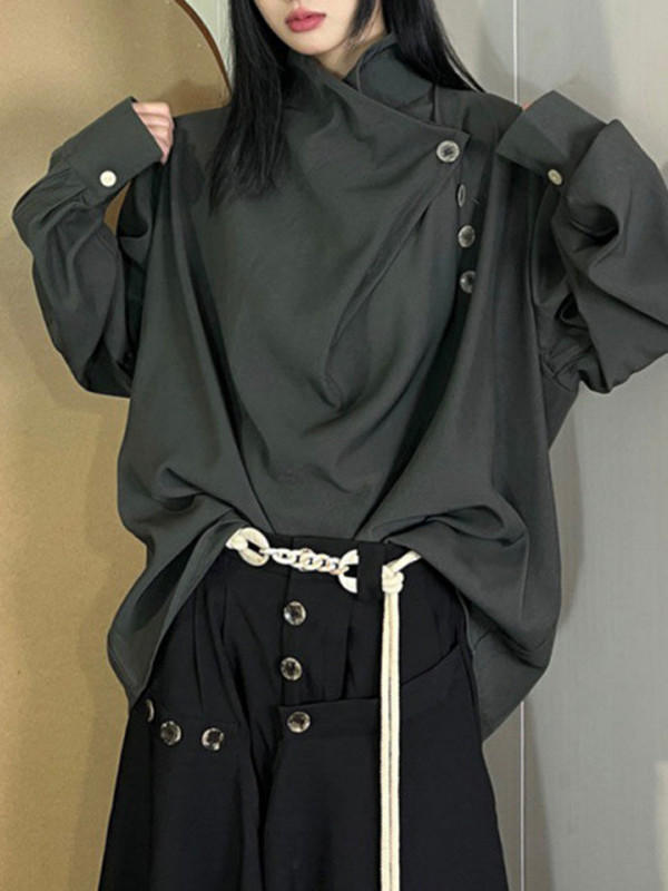 Asymmetric Pleated Split-Joint Long Sleeves Loose High Neck Blouses&shirts Tops