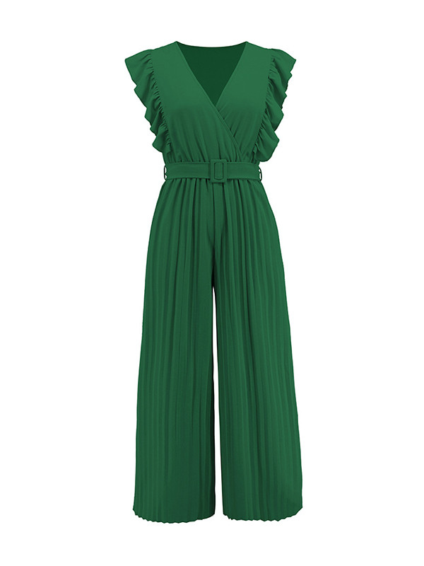 Belted Pleated Ruffled Solid Color High Waisted Loose V-Neck Jumpsuits