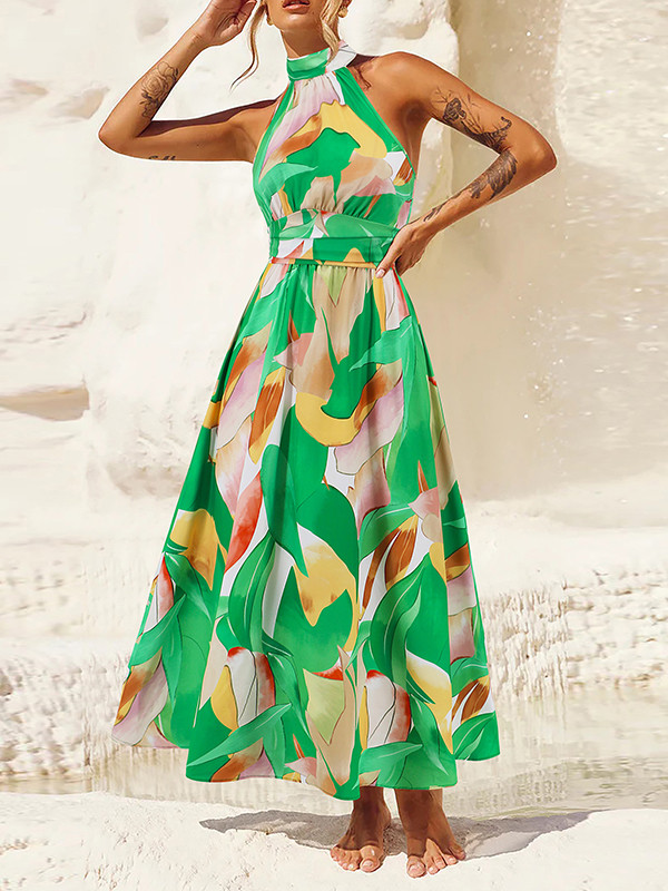 Pleated Printed Split-Joint A-Line Loose Halter-Neck Midi Dresses