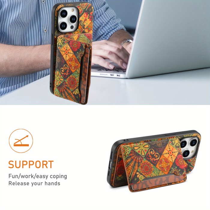 Wallet Case For iPhone 15 14 13 12 Pro Max Plus With Glue Card Holder, Fashion Design Flower Pattern, Wooden material, Foldable Wallet, With 3 Card Slots Can insert 3-5 Cards, Shockproof Cover
