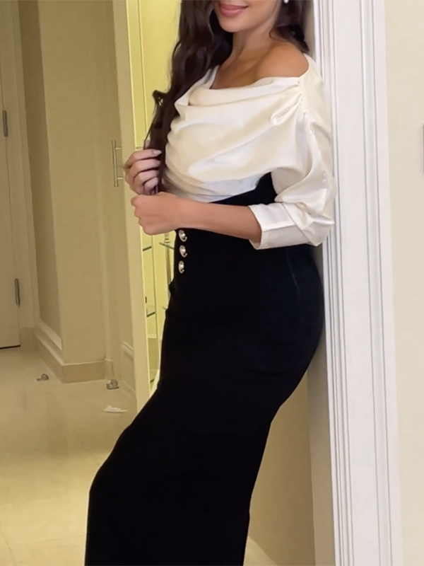 Solid Color Seven-Quarter Sleeves  Blouses Tops & High-Waisted Bodycon Skirts Bottoms Two-Piece Sets