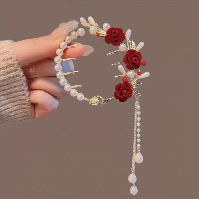 1PC Elegant Rose Ponytail Clip Decorated With Faux Pearl And Tassel Women Hair Accessories
